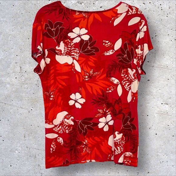 Chicos Travelers Size 2 Short Sleeve Top Red Floral Tropical Size Large Stretchy - Picture 3 of 7